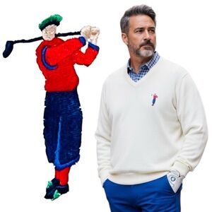 Vintage Lazarus Sweater Ivory Men Knit Embroidery Golfer Preppy 90s V-Neckline L